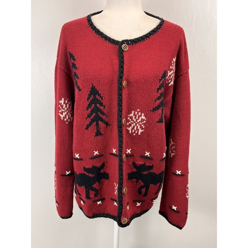 Vintage Rey Wear Knit Cardigan Sweater Sz XL GUC Moose Nature Wood Buttons